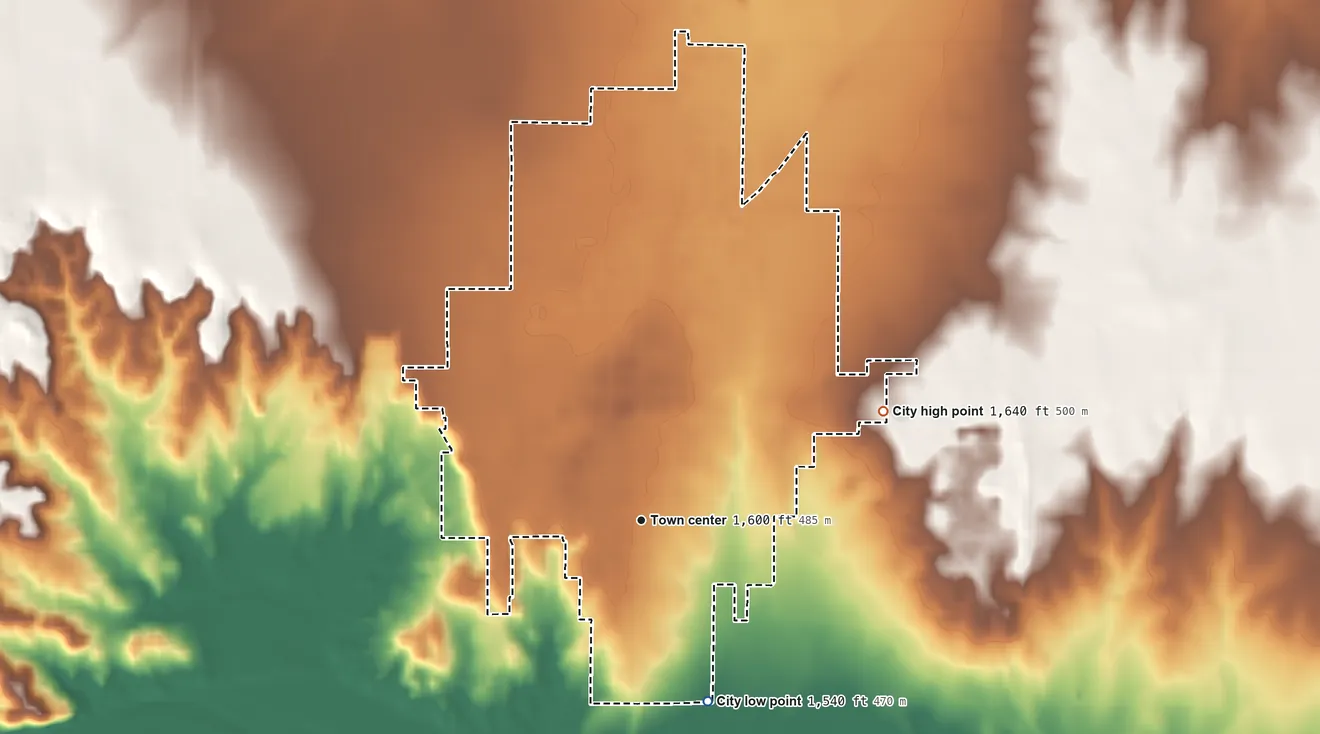 Topographic elevation map of Mangum, Oklahoma, shaded from 1,540 ft on the south side to 1,640 ft on the northeast side