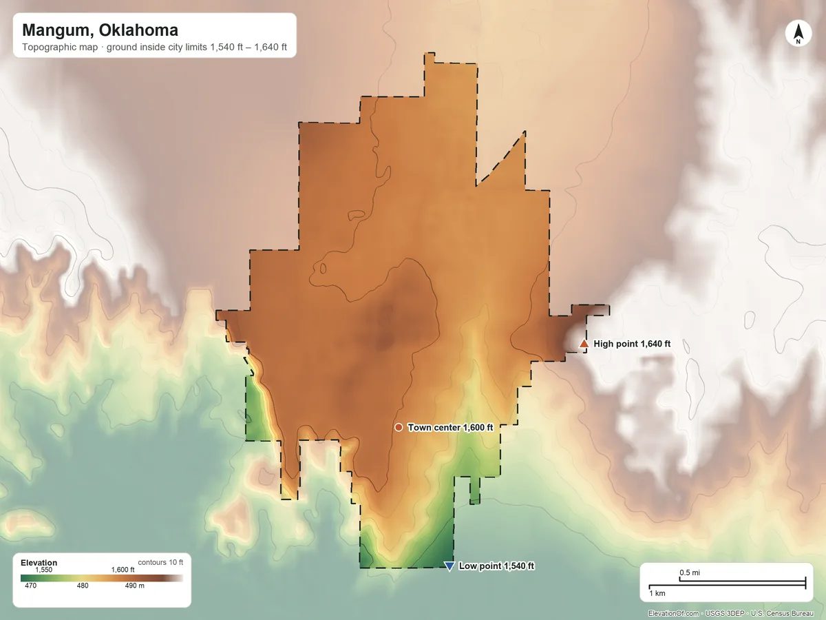 Topographic elevation map of Mangum, Oklahoma, shaded from 1,540 ft on the south side to 1,640 ft on the northeast side