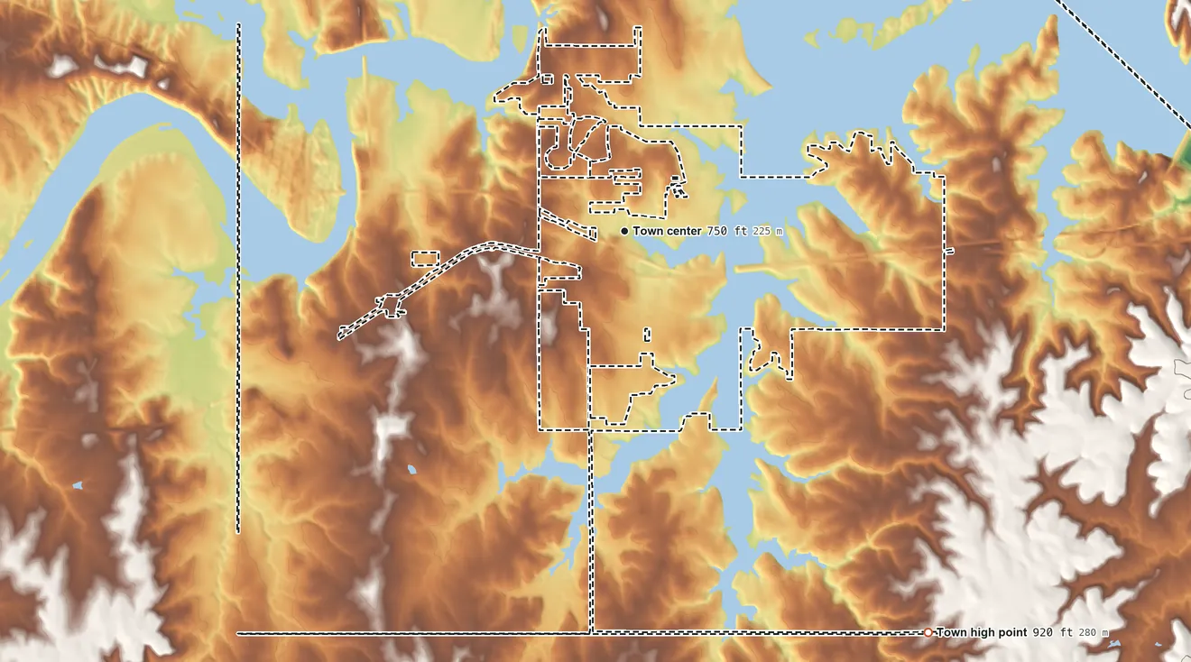 Topographic elevation map of Mannford, Oklahoma, shaded from 640 ft on the east side to 920 ft on the southeast side