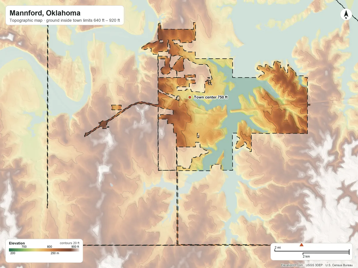 Topographic elevation map of Mannford, Oklahoma, shaded from 640 ft on the east side to 920 ft on the southeast side