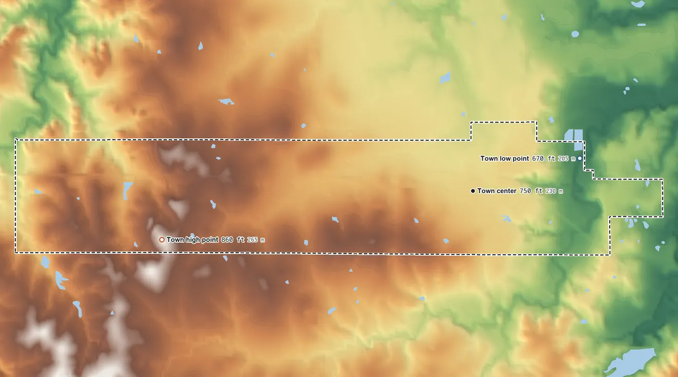 Topographic elevation map of Mannsville, Oklahoma, shaded from 670 ft on the east side to 860 ft on the west side