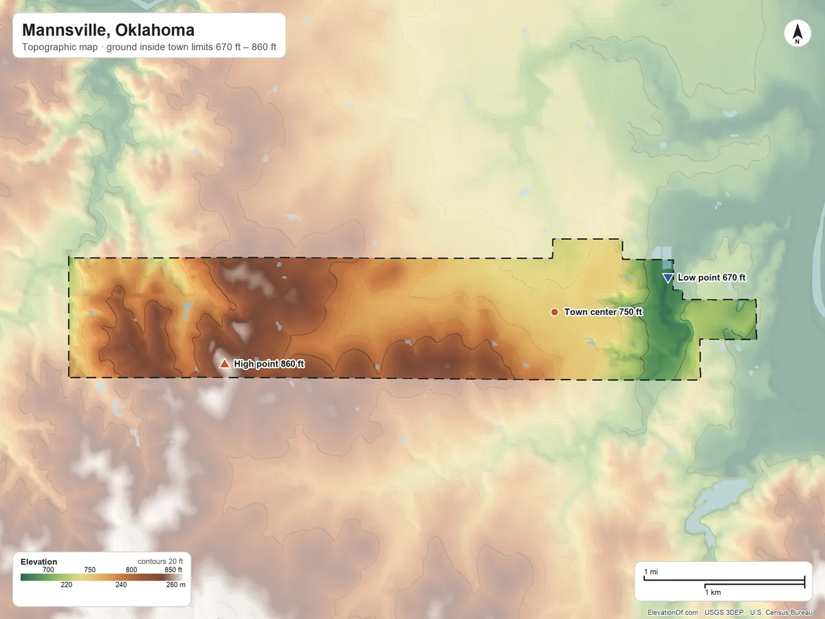 Topographic elevation map of Mannsville, Oklahoma, shaded from 670 ft on the east side to 860 ft on the west side