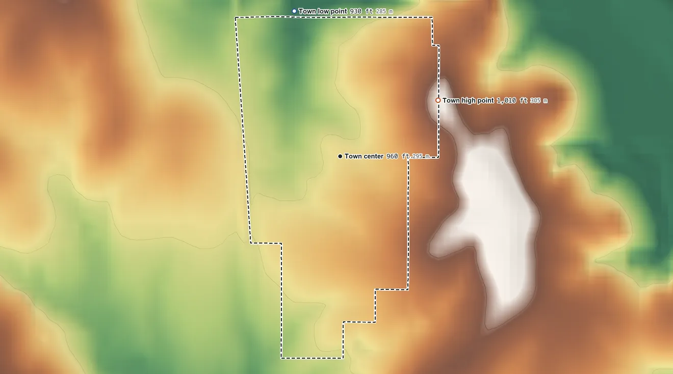 Topographic elevation map of Maramec, Oklahoma, shaded from 930 ft on the north side to 1,010 ft on the northeast side
