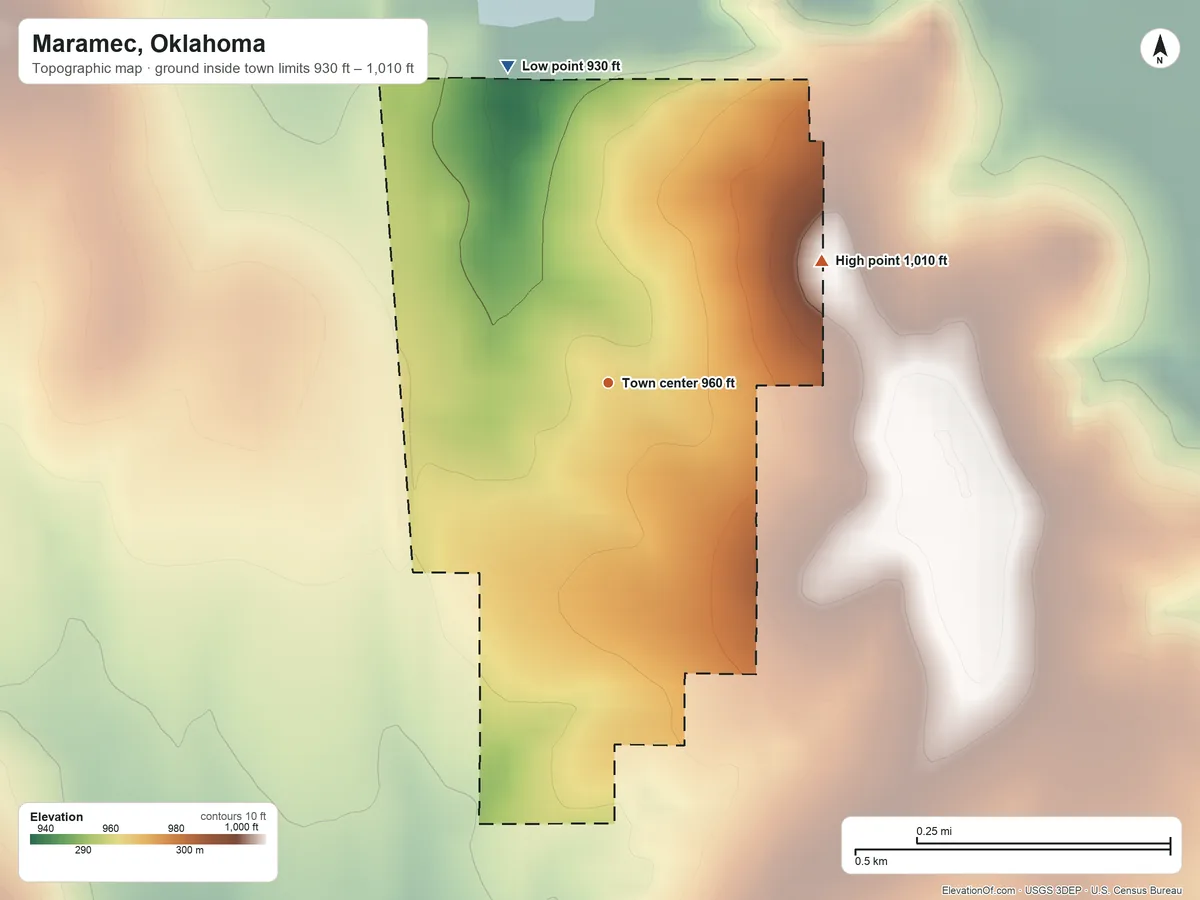 Topographic elevation map of Maramec, Oklahoma, shaded from 930 ft on the north side to 1,010 ft on the northeast side
