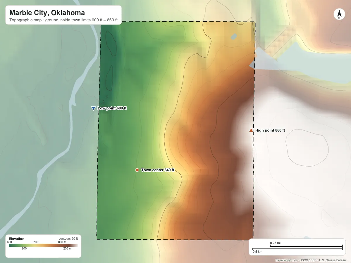Topographic elevation map of Marble City, Oklahoma, shaded from 600 ft on the northwest side to 860 ft at the foot of the Brushy Mountains