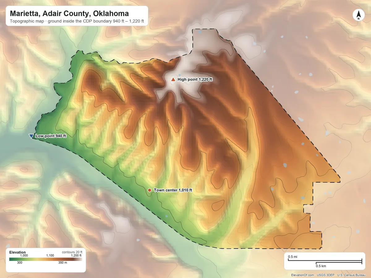 Topographic elevation map of Marietta, Adair County, Oklahoma, shaded from 940 ft on the northwest side to 1,220 ft on the north side