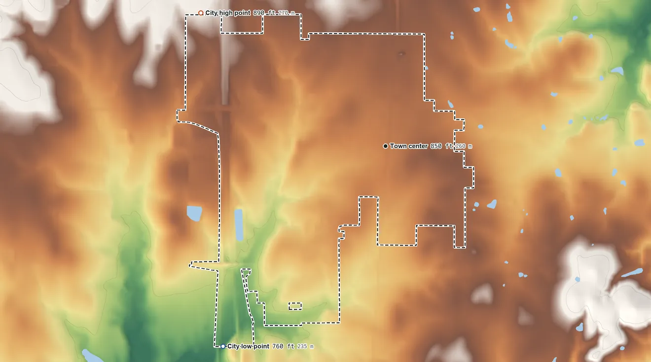 Topographic elevation map of Marietta, Oklahoma, shaded from 760 ft on the southwest side to 890 ft on the northwest side