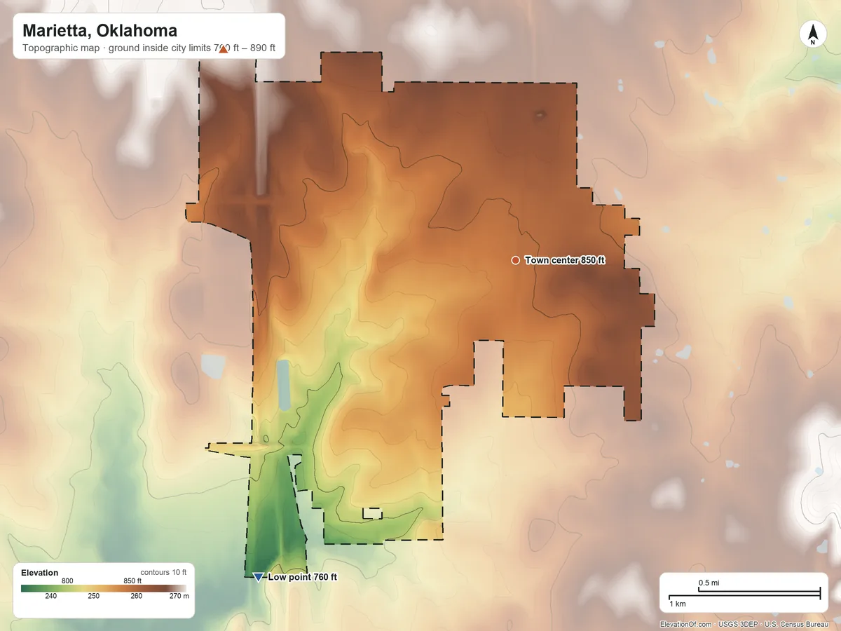 Topographic elevation map of Marietta, Oklahoma, shaded from 760 ft on the southwest side to 890 ft on the northwest side