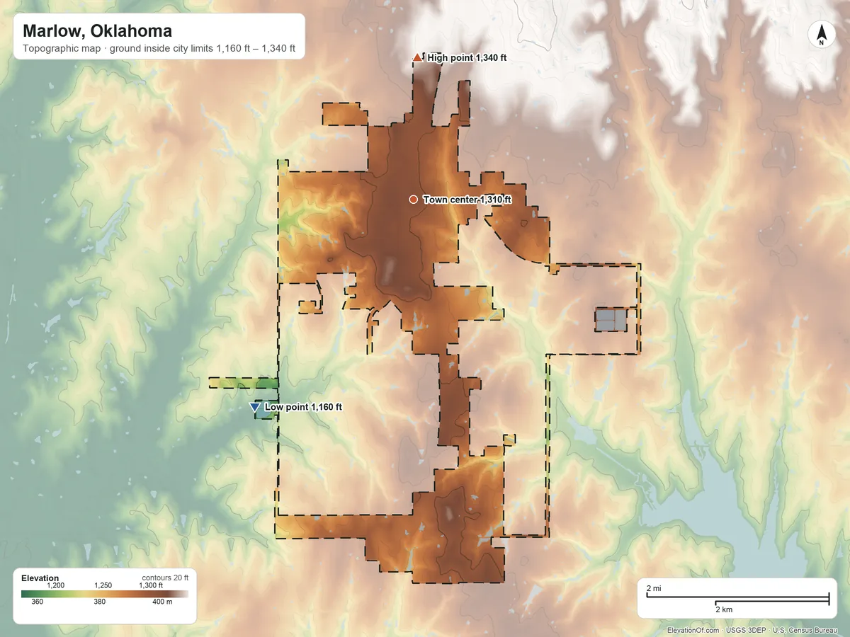 Topographic elevation map of Marlow, Oklahoma, shaded from 1,160 ft on the southwest side to 1,340 ft on the north side