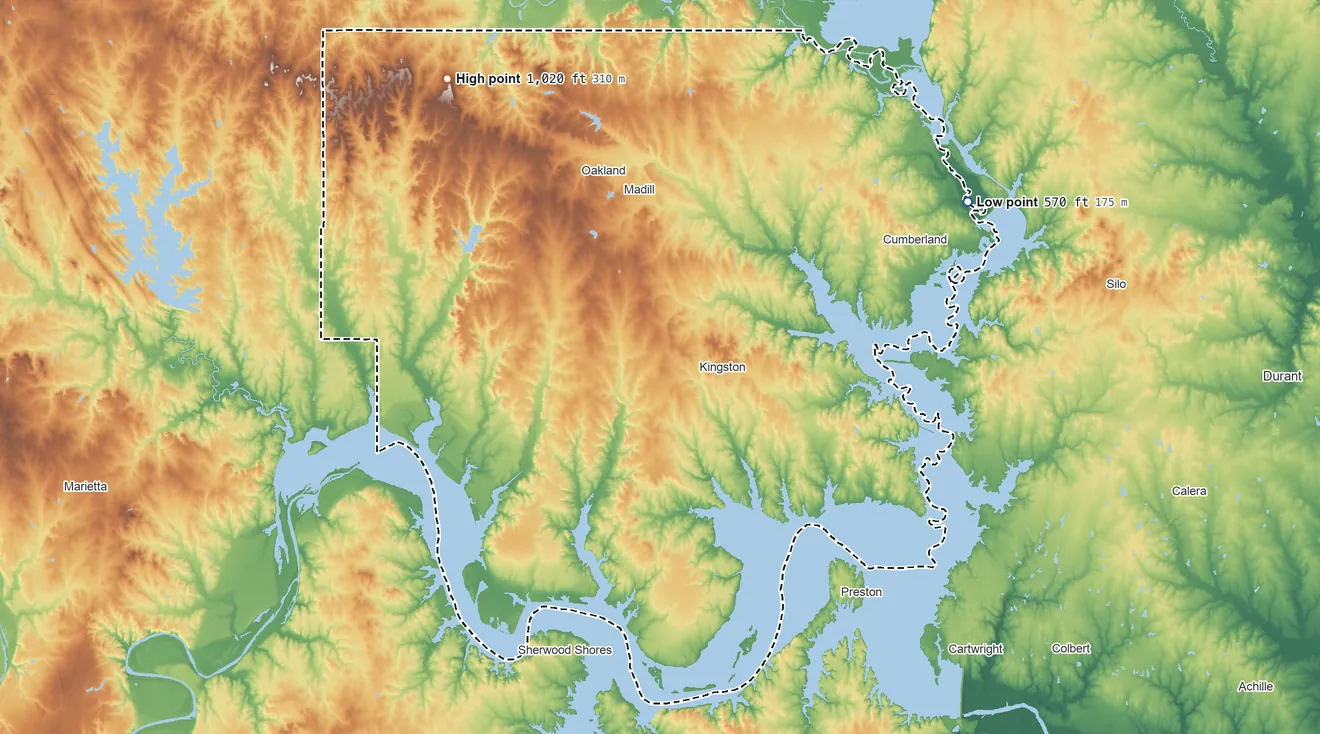 Topographic elevation map of Marshall County, Oklahoma, shaded from 570 ft on the northeast side to 1,020 ft on the northwest side