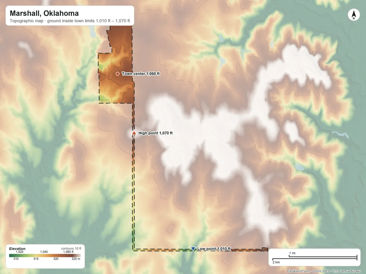 Topographic elevation map of Marshall, Oklahoma, shaded from 1,010 ft on the southeast side to 1,070 ft on the south side