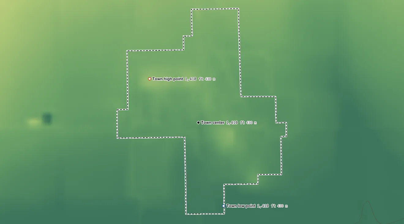 Topographic elevation map of Martha, Oklahoma, shaded from 1,410 ft on the south side to 1,410 ft on the northwest side