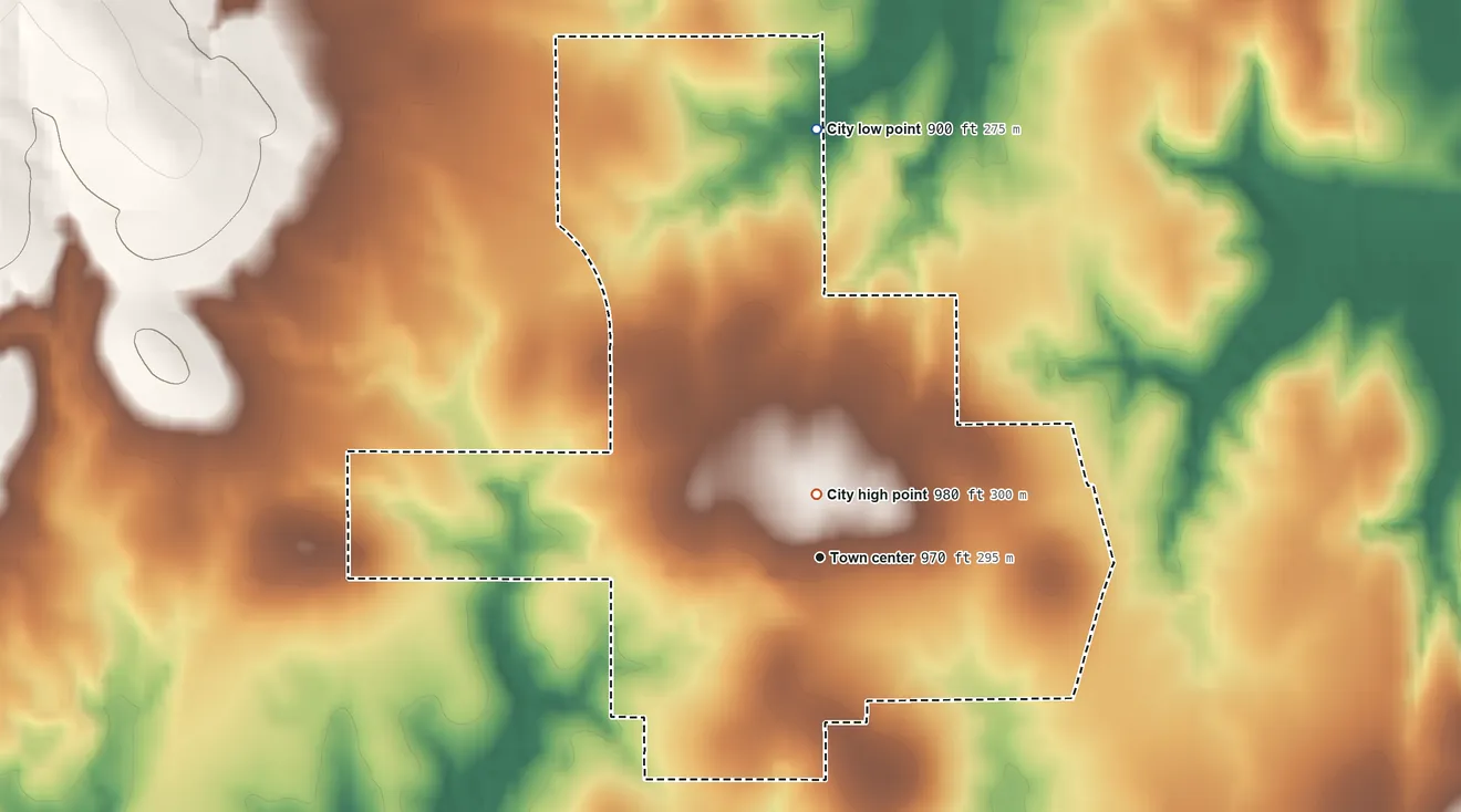 Topographic elevation map of Maud, Oklahoma, shaded from 900 ft on the north side to 980 ft near the middle