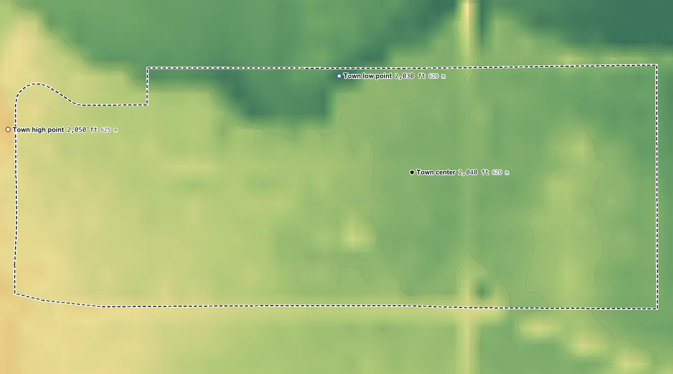 Topographic elevation map of May, Oklahoma, shaded from 2,030 ft on the northwest side to 2,050 ft on the west side
