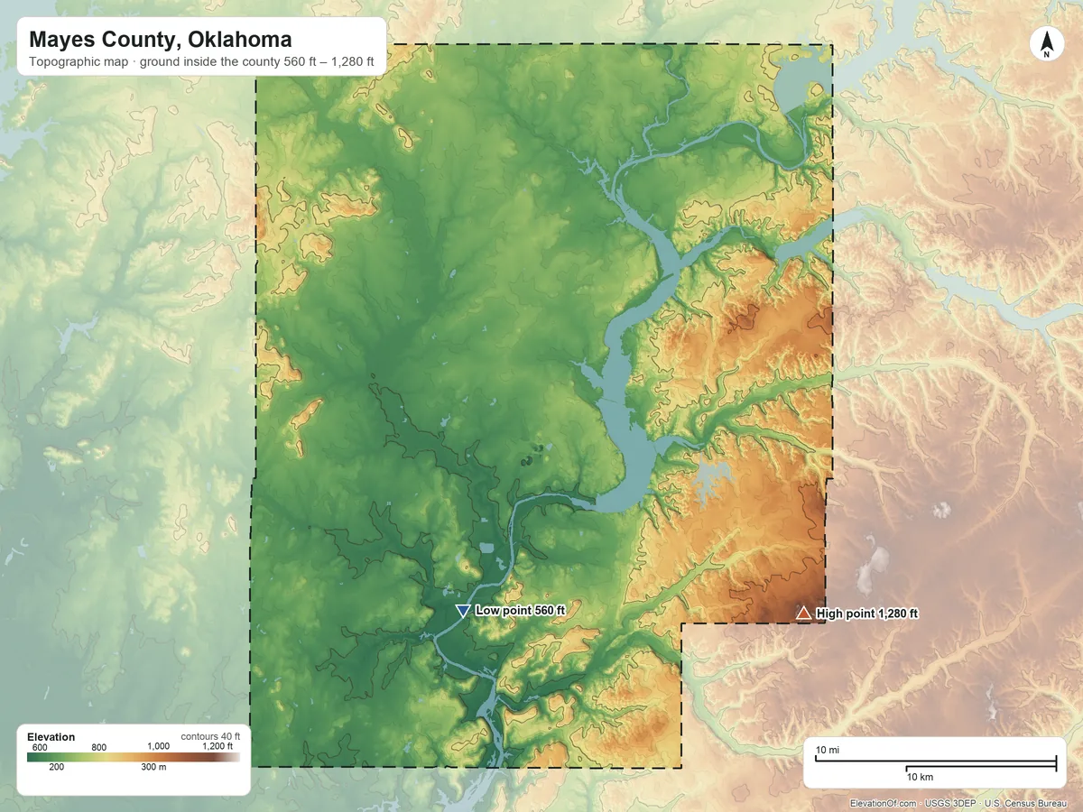 Topographic elevation map of Mayes County, Oklahoma, shaded from 560 ft on the south side to 1,280 ft on the southeast side