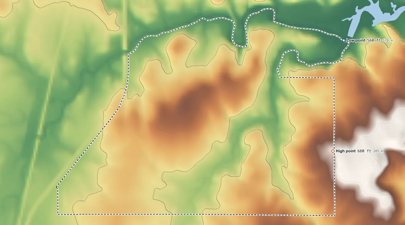 Topographic elevation map of Mazie, Oklahoma, shaded from 560 ft on the north side to 680 ft near the middle