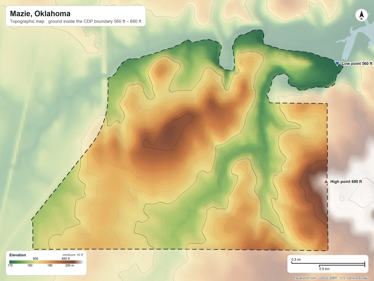Topographic elevation map of Mazie, Oklahoma, shaded from 560 ft on the north side to 680 ft near the middle
