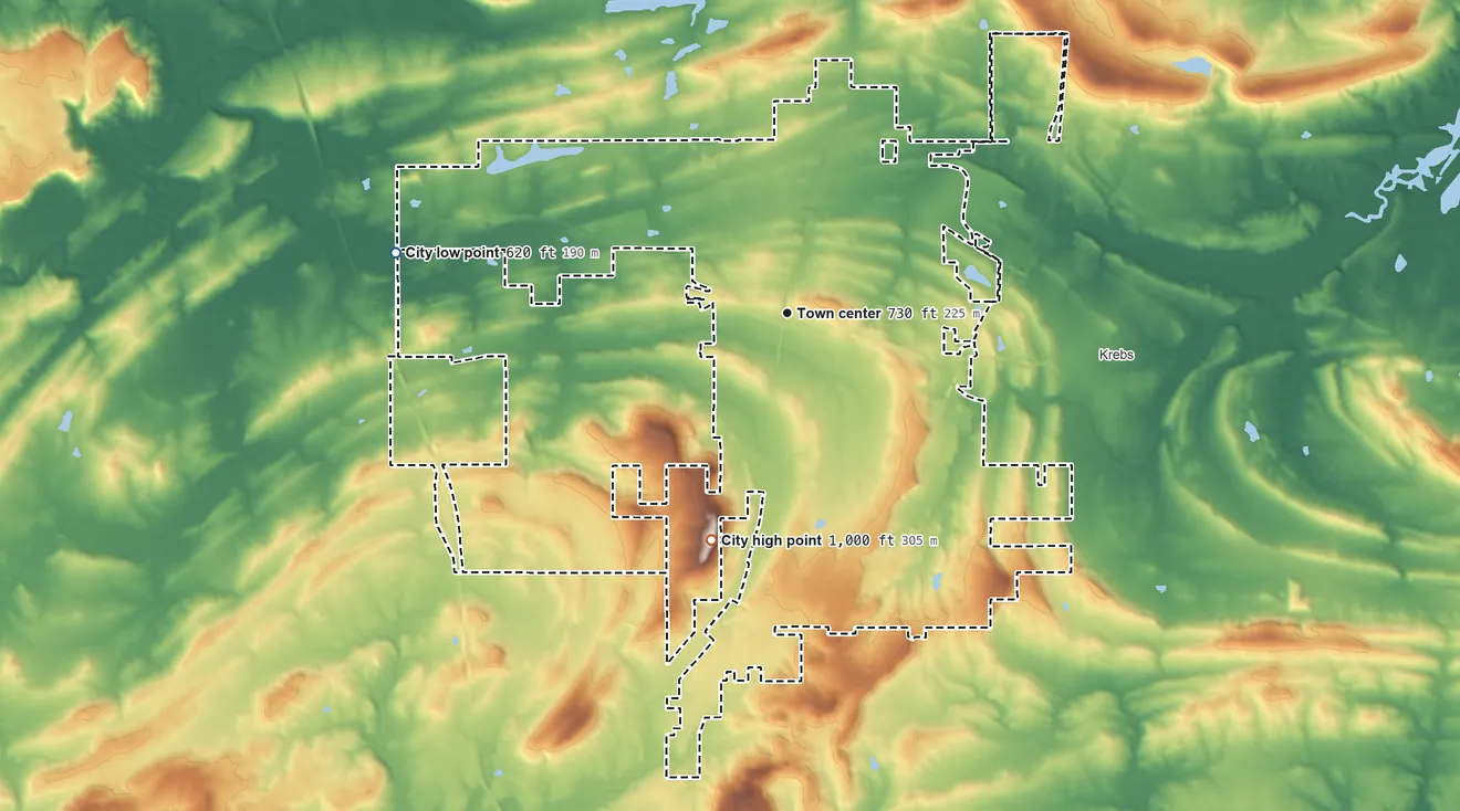Topographic elevation map of McAlester, Oklahoma, shaded from 620 ft on the west side to 1,000 ft on Bald Mountain