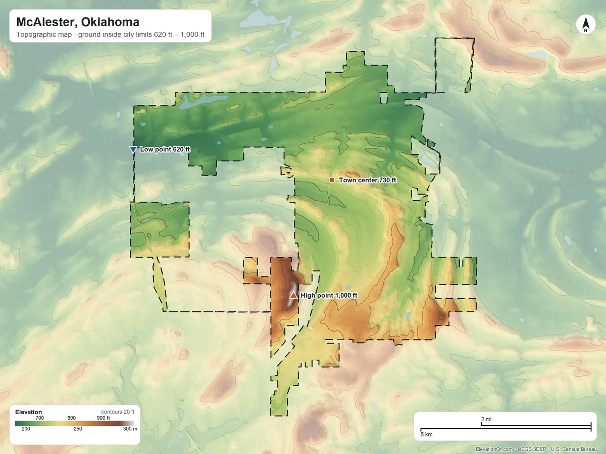 Topographic elevation map of McAlester, Oklahoma, shaded from 620 ft on the west side to 1,000 ft on Bald Mountain