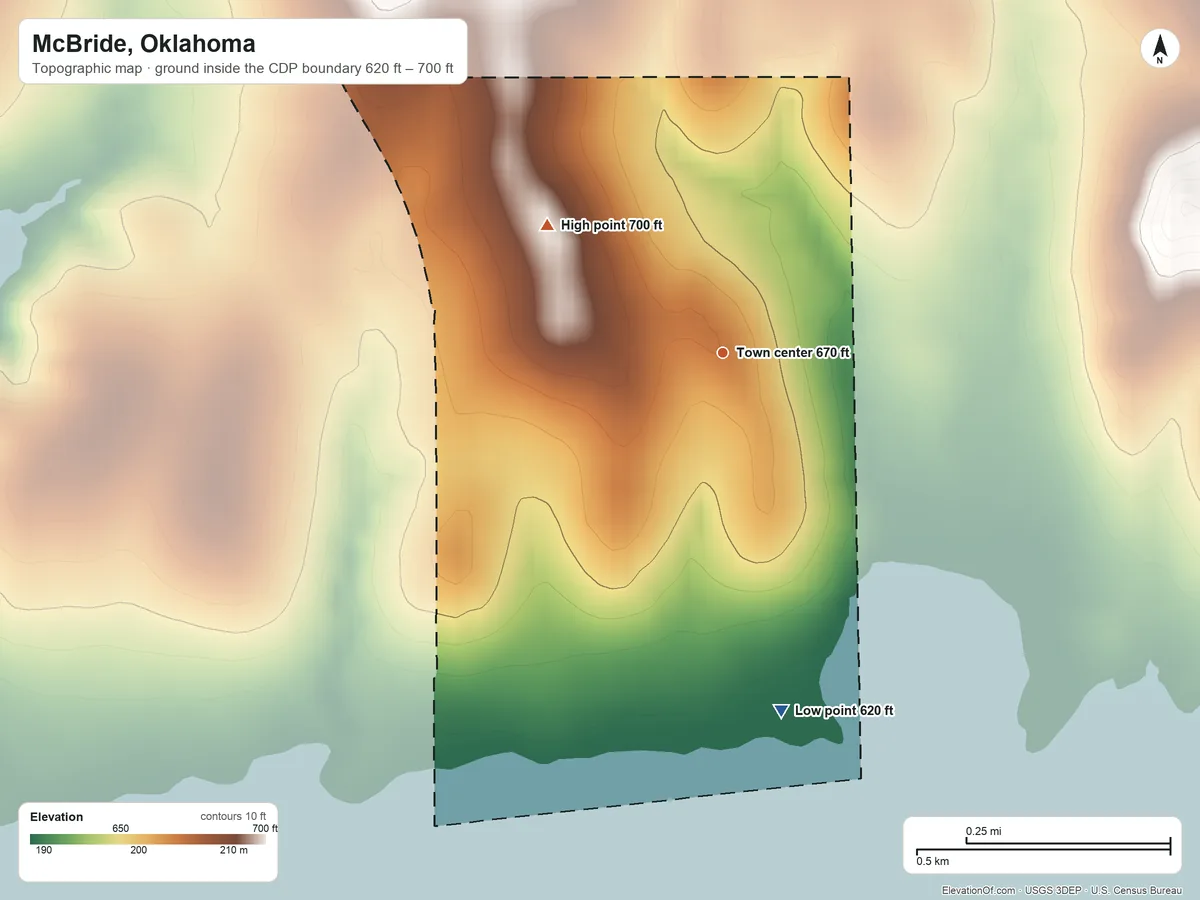 Topographic elevation map of McBride, Oklahoma, shaded from 620 ft on the south side to 700 ft on the northwest side