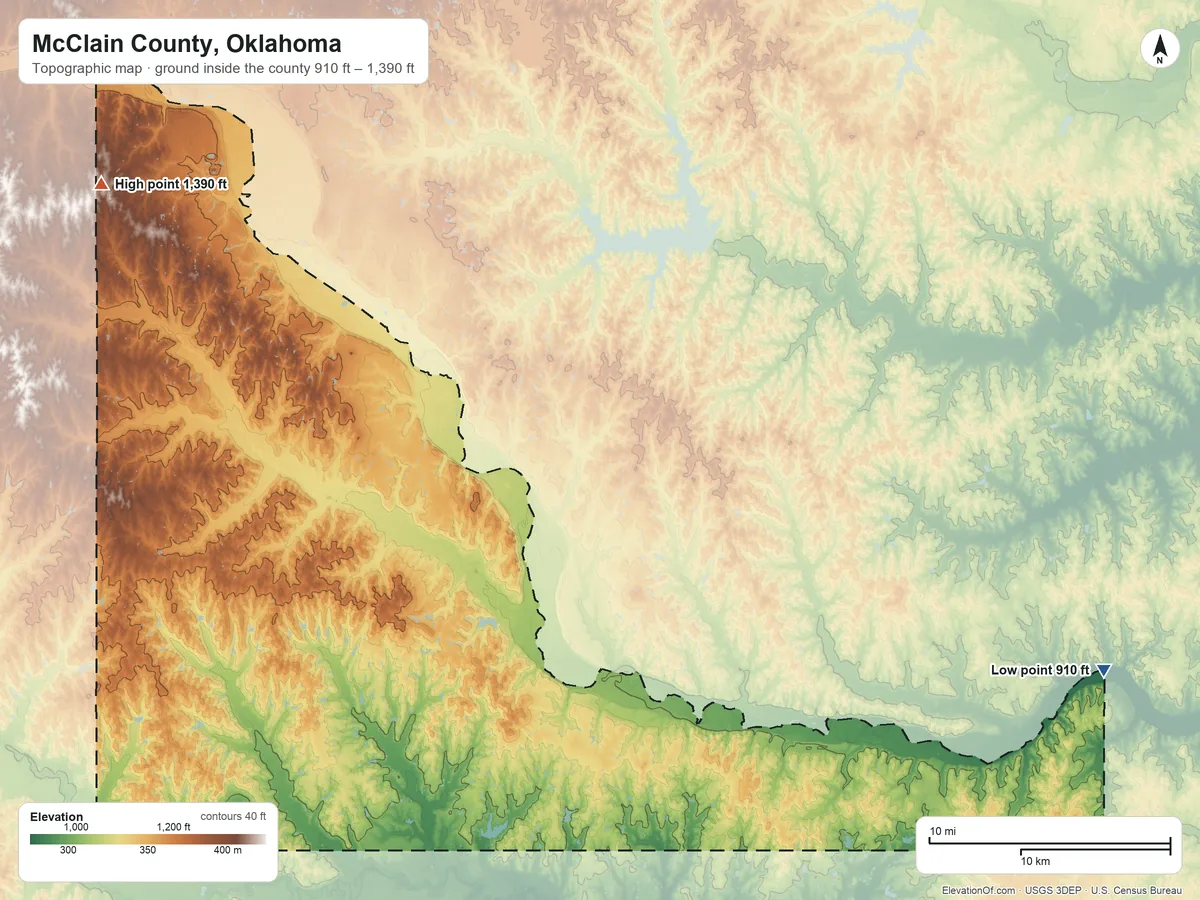 Topographic elevation map of McClain County, Oklahoma, shaded from 910 ft on the southeast side to 1,390 ft on the northwest side