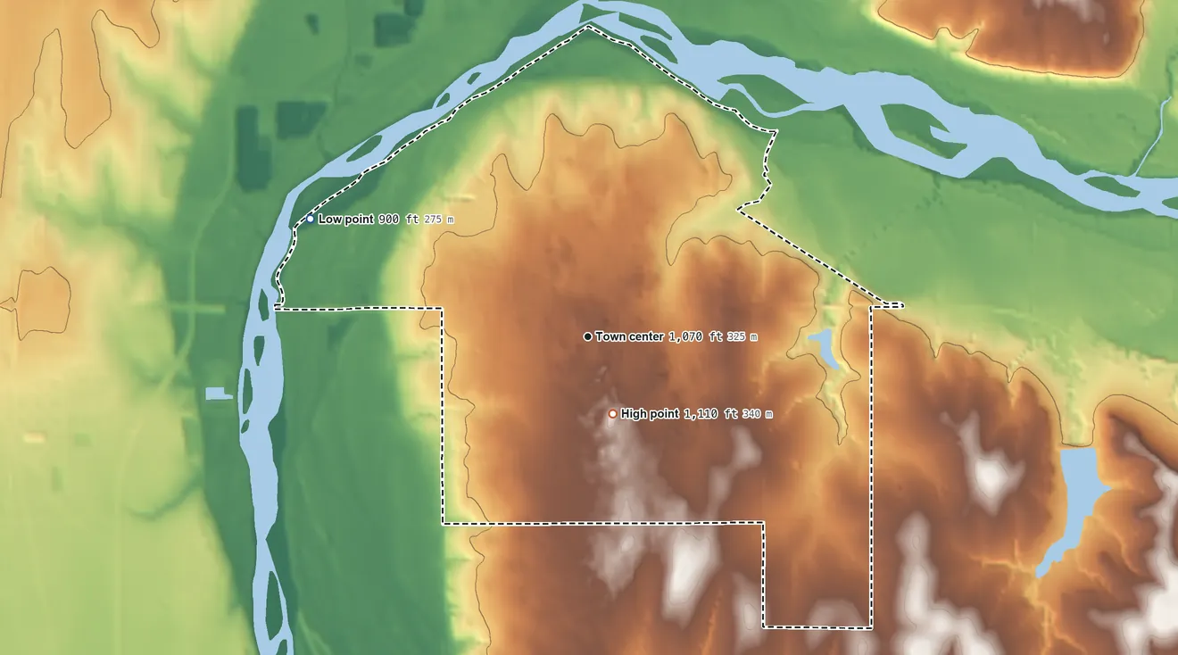 Topographic elevation map of McCord, Oklahoma, shaded from 900 ft on the northwest side to 1,110 ft near the middle