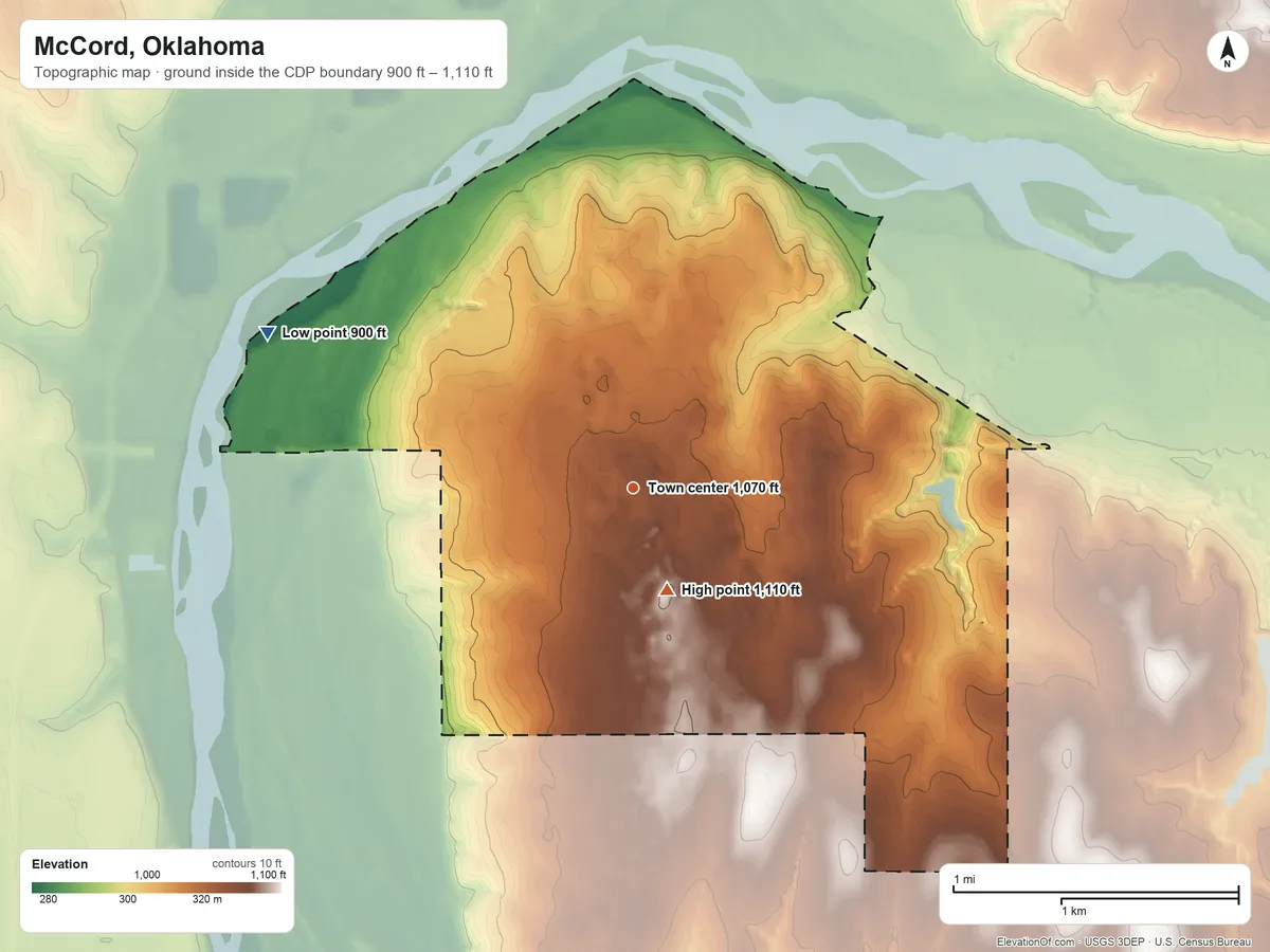 Topographic elevation map of McCord, Oklahoma, shaded from 900 ft on the northwest side to 1,110 ft near the middle