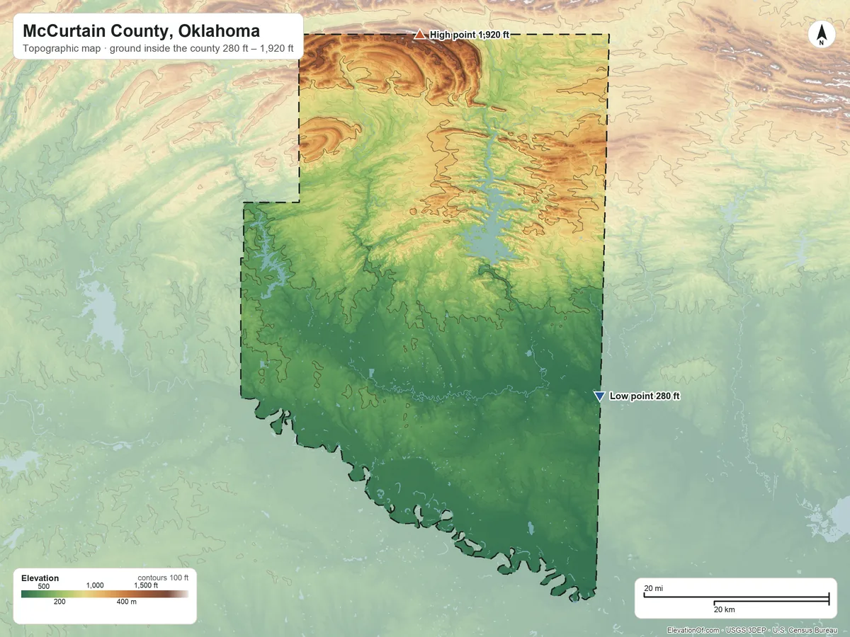 Topographic elevation map of McCurtain County, Oklahoma, shaded from 280 ft on the southeast side to 1,920 ft on the north side
