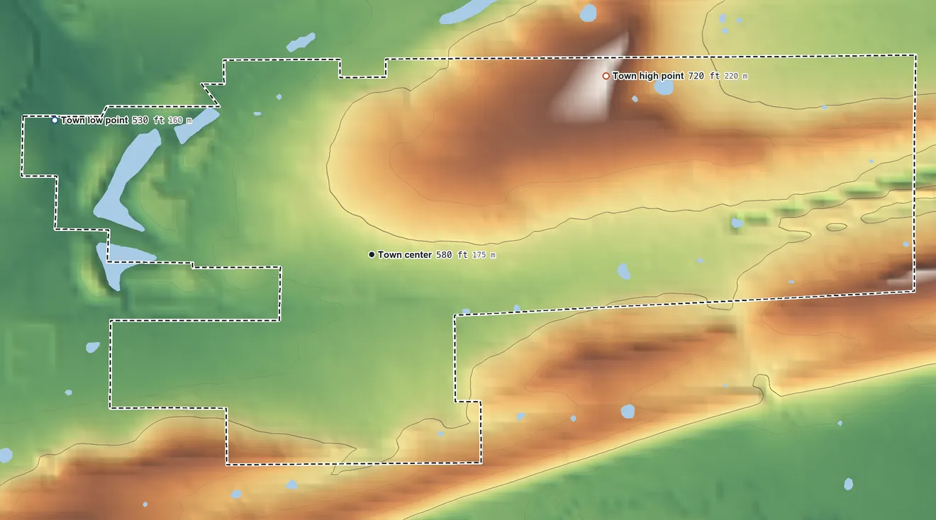 Topographic elevation map of McCurtain, Oklahoma, shaded from 530 ft on the northwest side to 720 ft on the northeast side