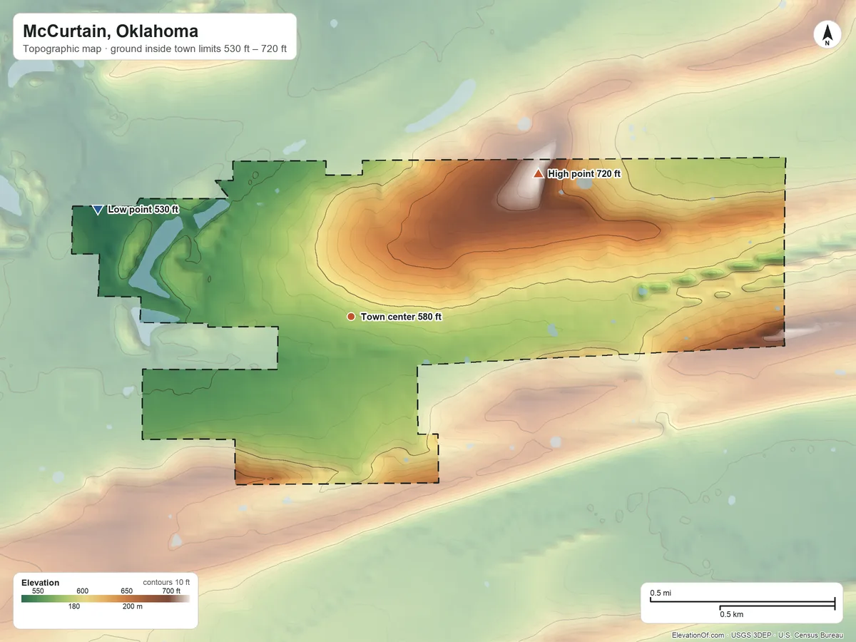 Topographic elevation map of McCurtain, Oklahoma, shaded from 530 ft on the northwest side to 720 ft on the northeast side