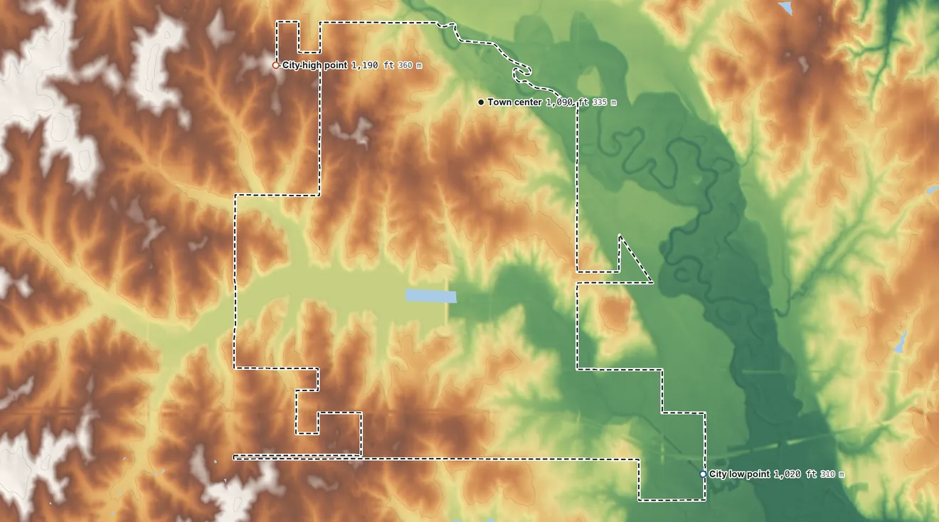 Topographic elevation map of McLoud, Oklahoma, shaded from 1,020 ft on the southeast side to 1,190 ft on the west side
