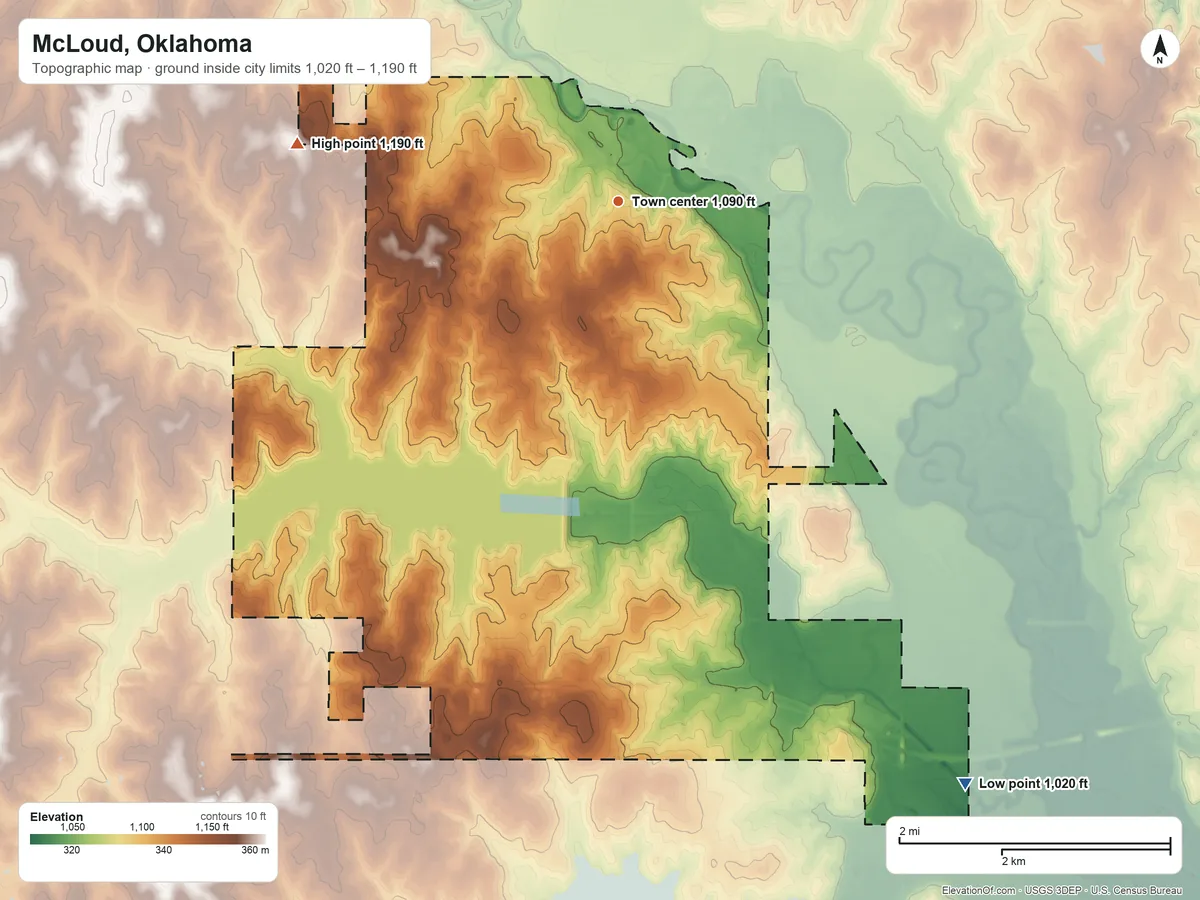 Topographic elevation map of McLoud, Oklahoma, shaded from 1,020 ft on the southeast side to 1,190 ft on the west side