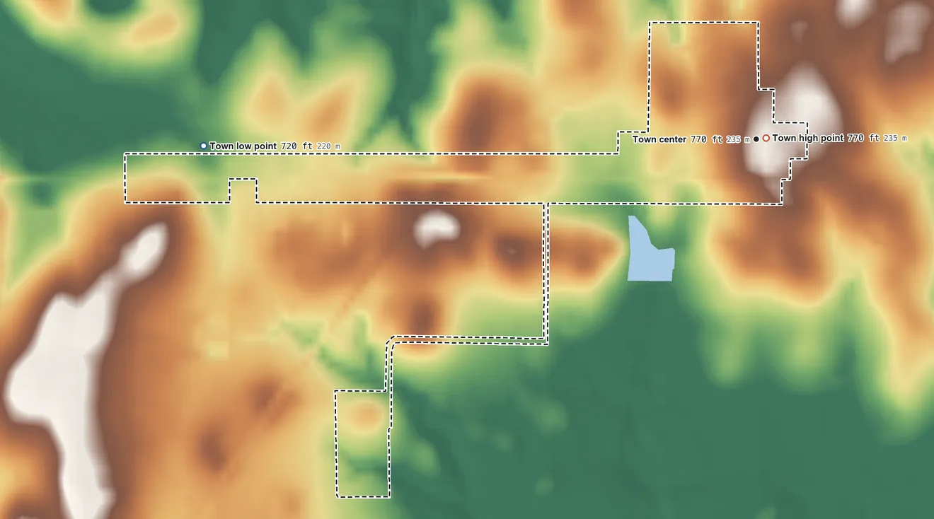 Topographic elevation map of Mead, Oklahoma, shaded from 720 ft on the west side to 770 ft near the middle