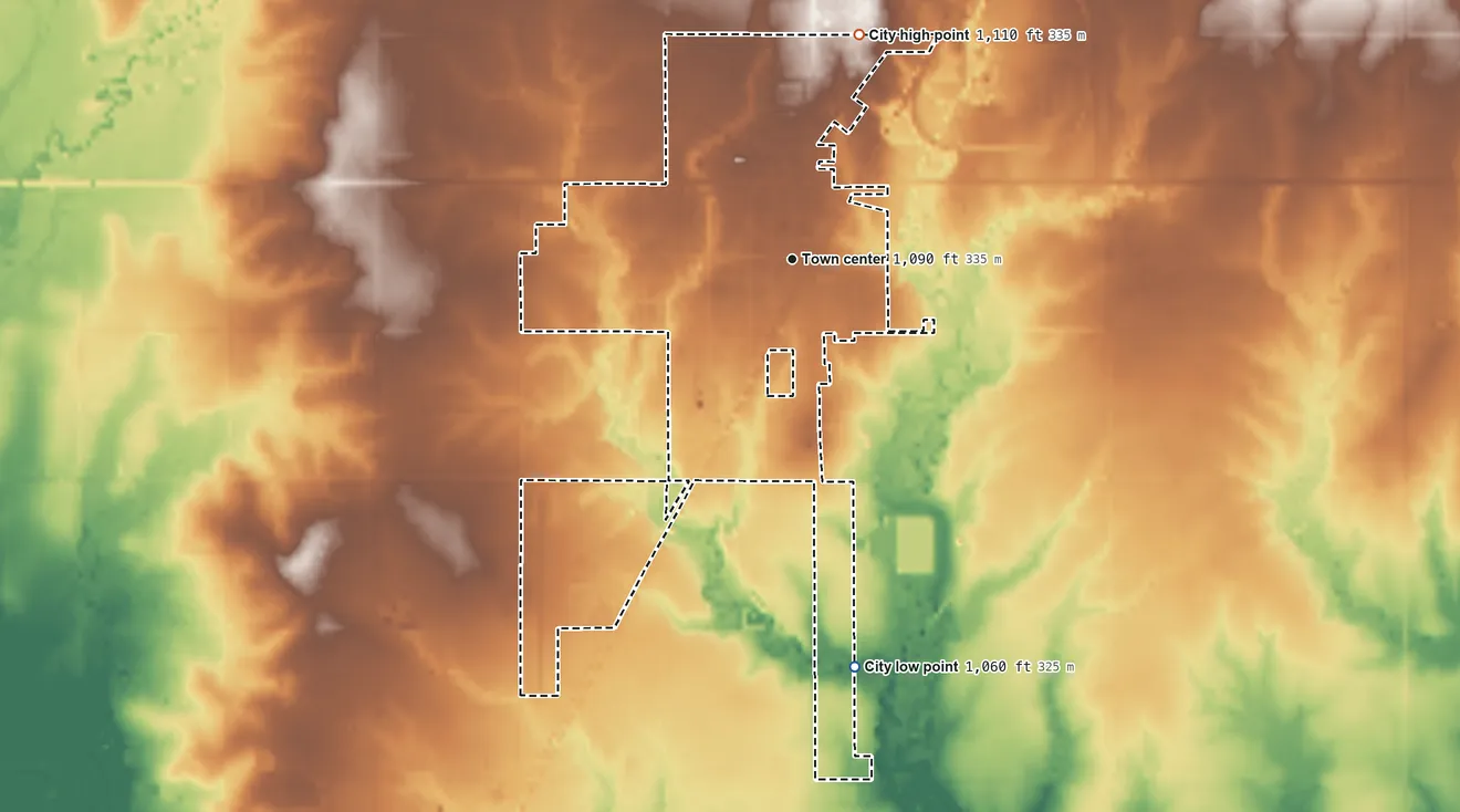 Topographic elevation map of Medford, Oklahoma, shaded from 1,060 ft on the south side to 1,110 ft on the north side