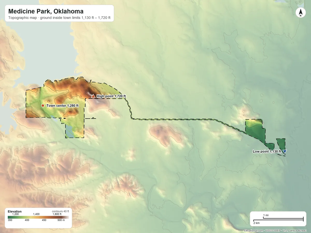 Topographic elevation map of Medicine Park, Oklahoma, shaded from 1,130 ft on the east side to 1,720 ft on Mount Cummins