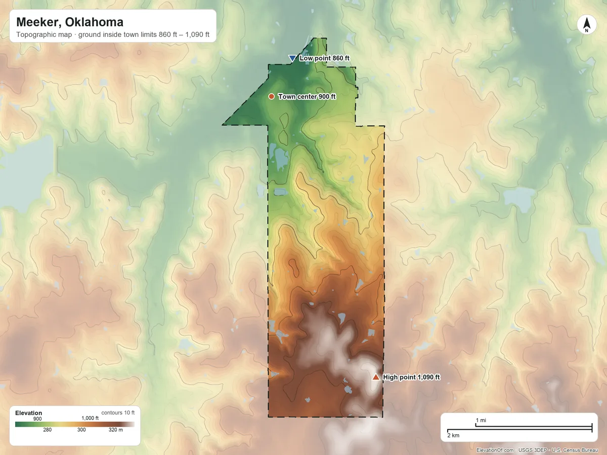 Topographic elevation map of Meeker, Oklahoma, shaded from 860 ft on the northeast side to 1,090 ft on the south side