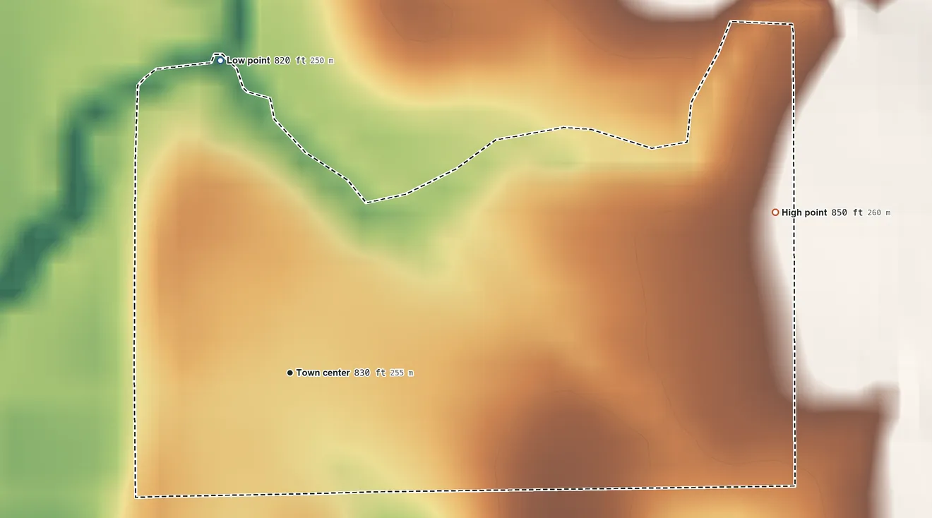 Topographic elevation map of Mehan, Oklahoma, shaded from 820 ft on the north side to 850 ft on the east side
