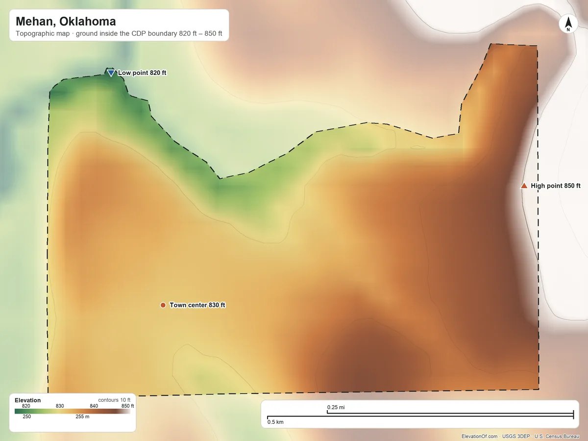 Topographic elevation map of Mehan, Oklahoma, shaded from 820 ft on the north side to 850 ft on the east side