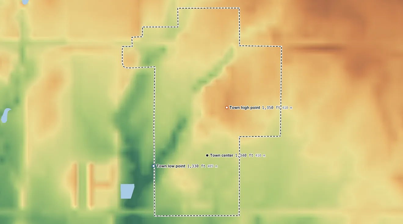 Topographic elevation map of Meno, Oklahoma, shaded from 1,330 ft on the west side to 1,350 ft on the north side