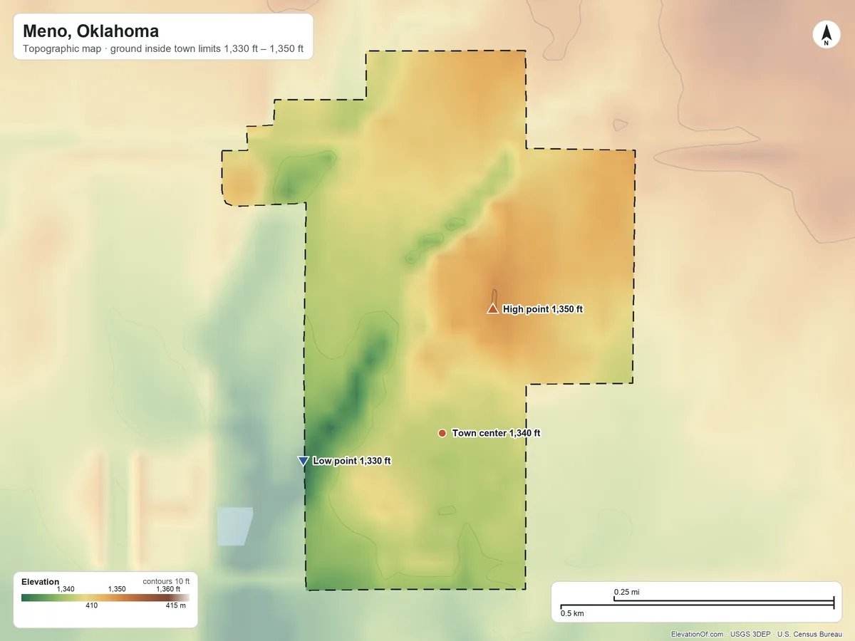 Topographic elevation map of Meno, Oklahoma, shaded from 1,330 ft on the west side to 1,350 ft on the north side
