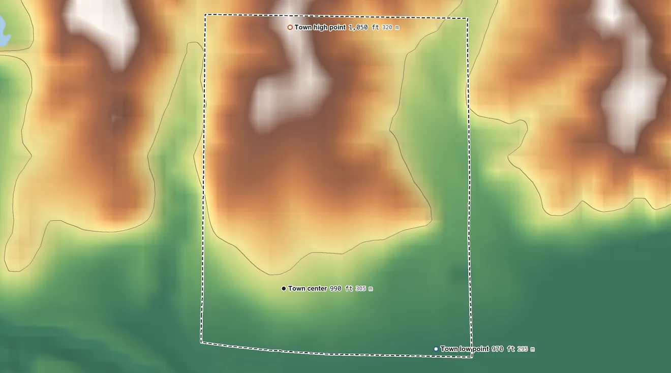 Topographic elevation map of Meridian, Oklahoma, shaded from 970 ft on the east side to 1,050 ft on the north side