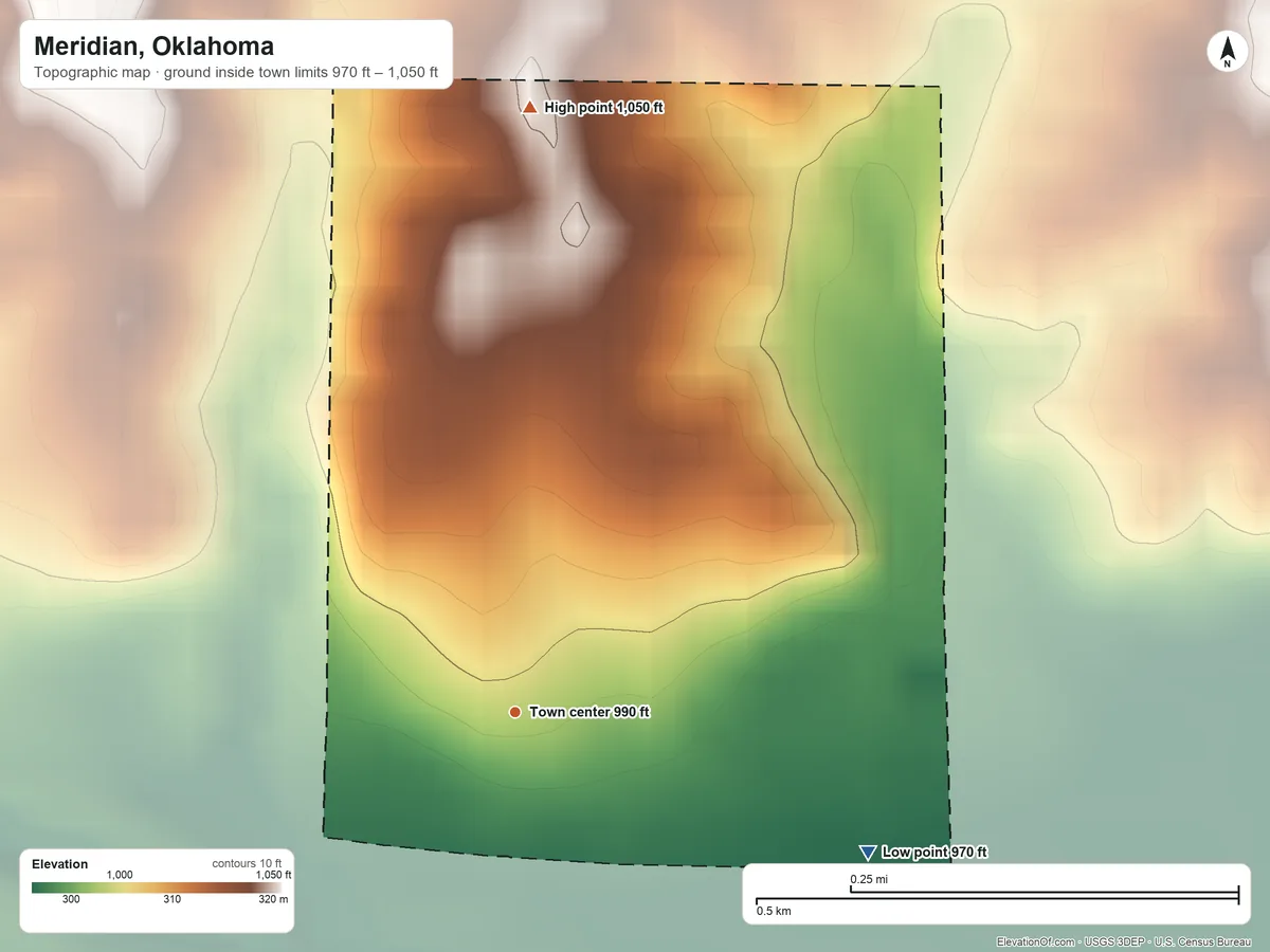 Topographic elevation map of Meridian, Oklahoma, shaded from 970 ft on the east side to 1,050 ft on the north side