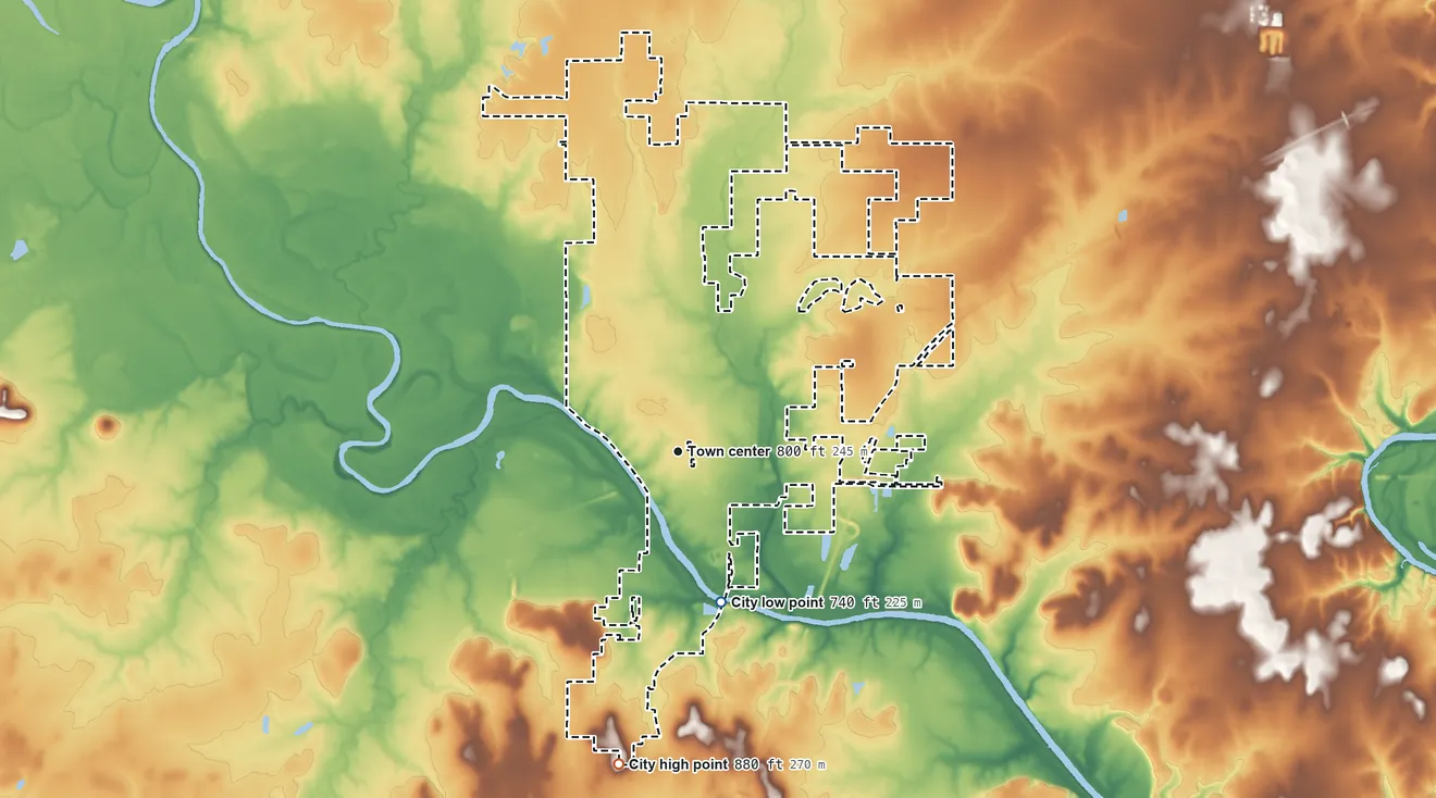 Topographic elevation map of Miami, Oklahoma, shaded from 740 ft on the south side to 880 ft on the south side