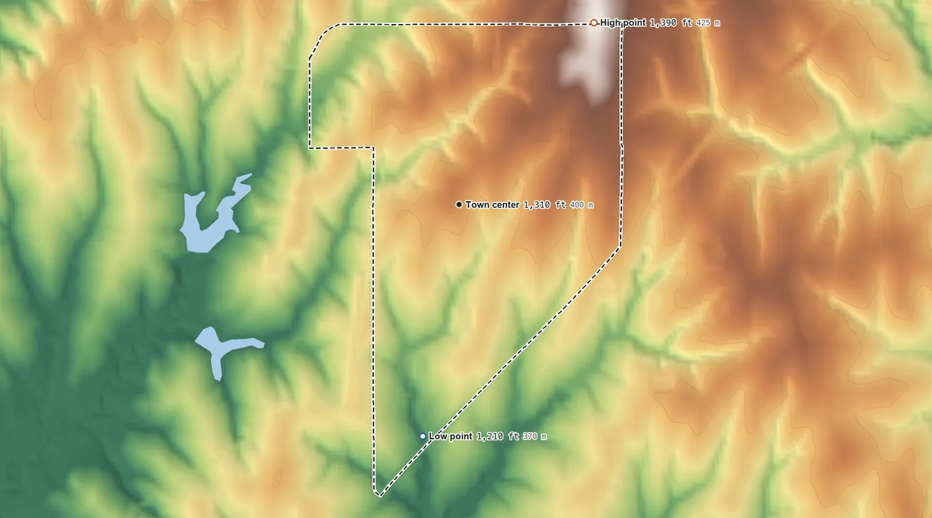 Topographic elevation map of Middleberg, Oklahoma, shaded from 1,210 ft on the south side to 1,390 ft on the northeast side