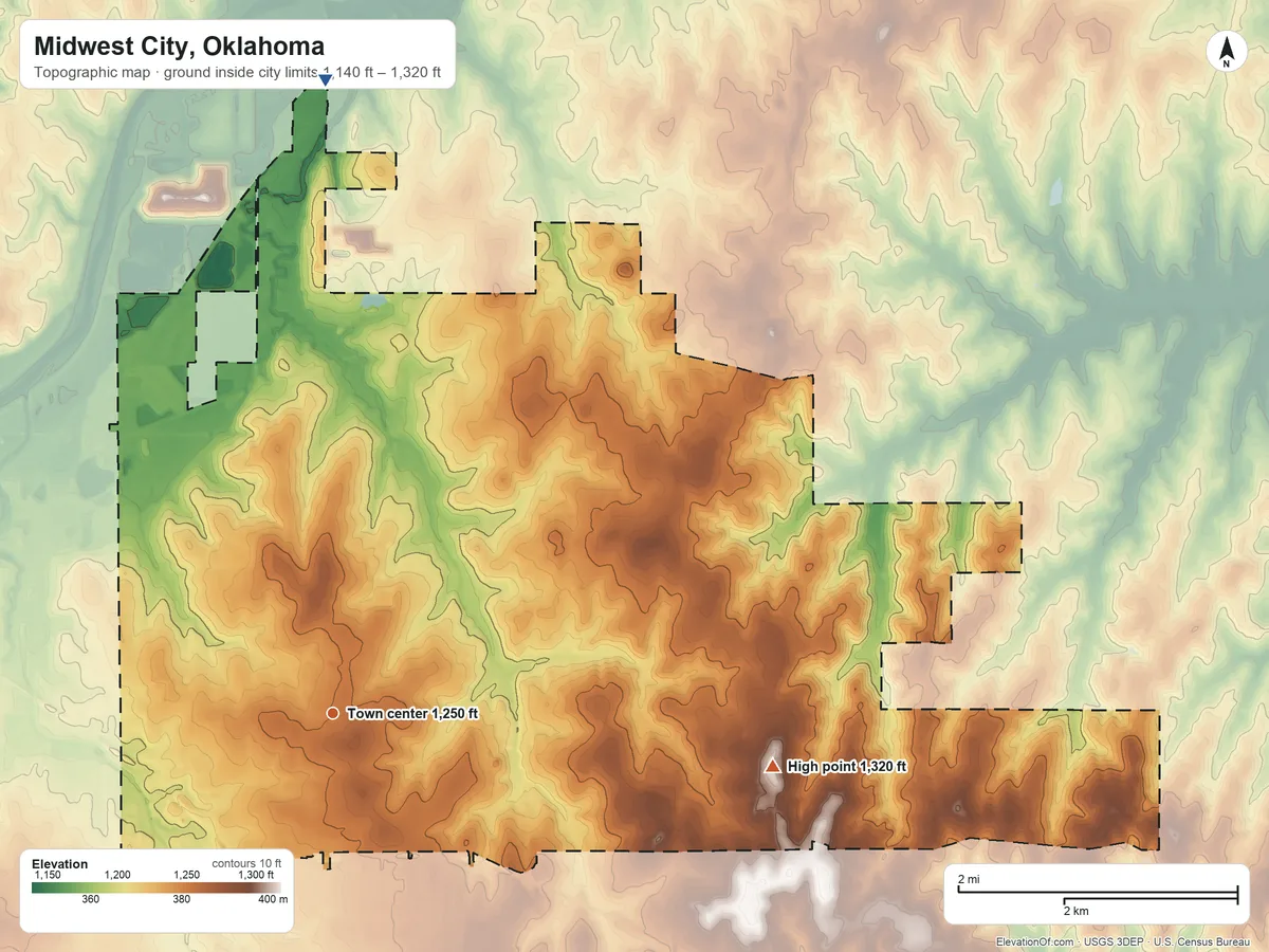 Topographic elevation map of Midwest City, Oklahoma, shaded from 1,140 ft on the north side to 1,320 ft on the east side
