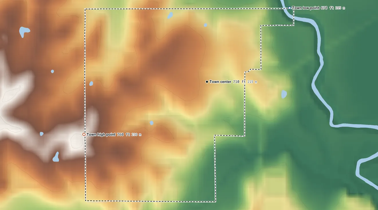 Topographic elevation map of Milburn, Oklahoma, shaded from 670 ft on the northeast side to 760 ft on the southwest side