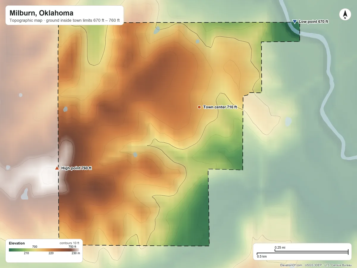Topographic elevation map of Milburn, Oklahoma, shaded from 670 ft on the northeast side to 760 ft on the southwest side