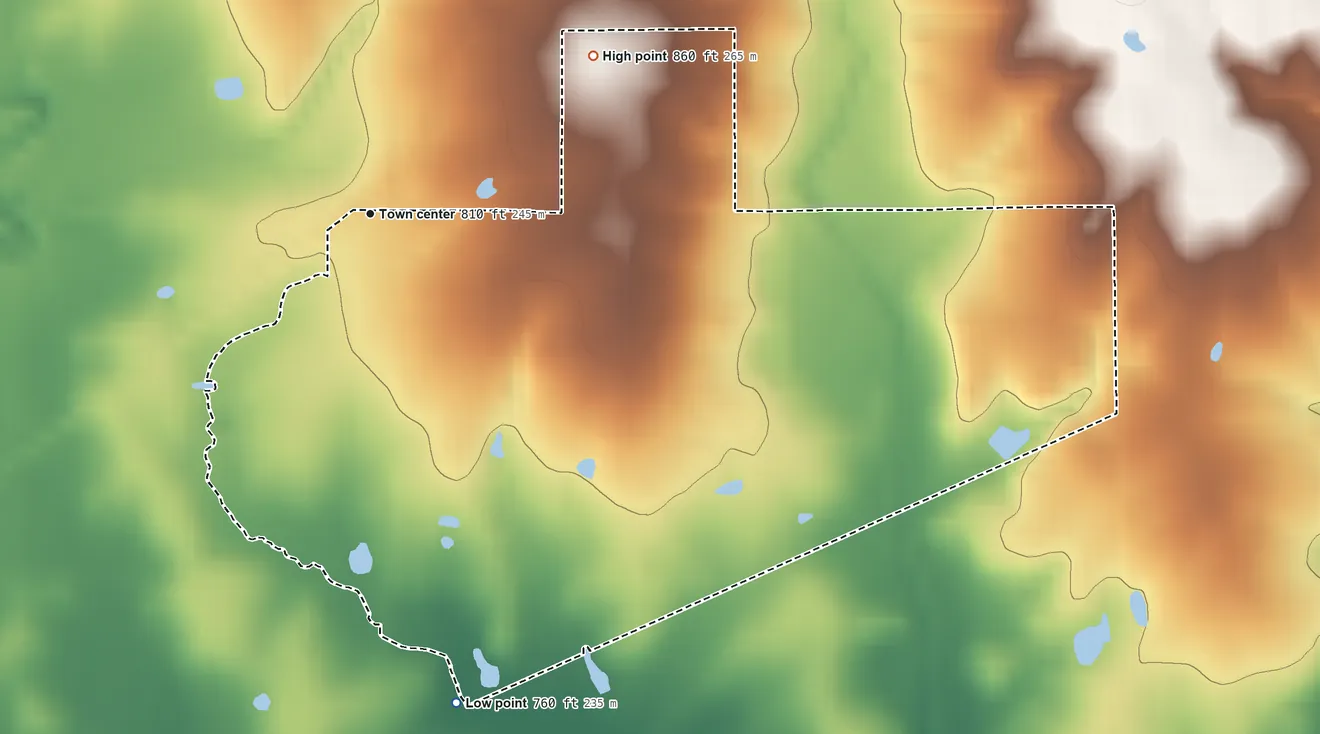 Topographic elevation map of Milfay, Oklahoma, shaded from 760 ft on the south side to 860 ft on the northeast side