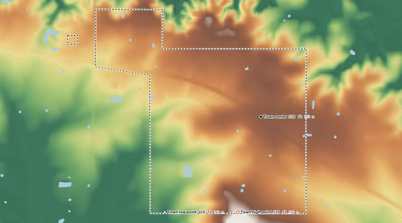 Topographic elevation map of Millerton, Oklahoma, shaded from 460 ft on the southwest side to 520 ft on the south side
