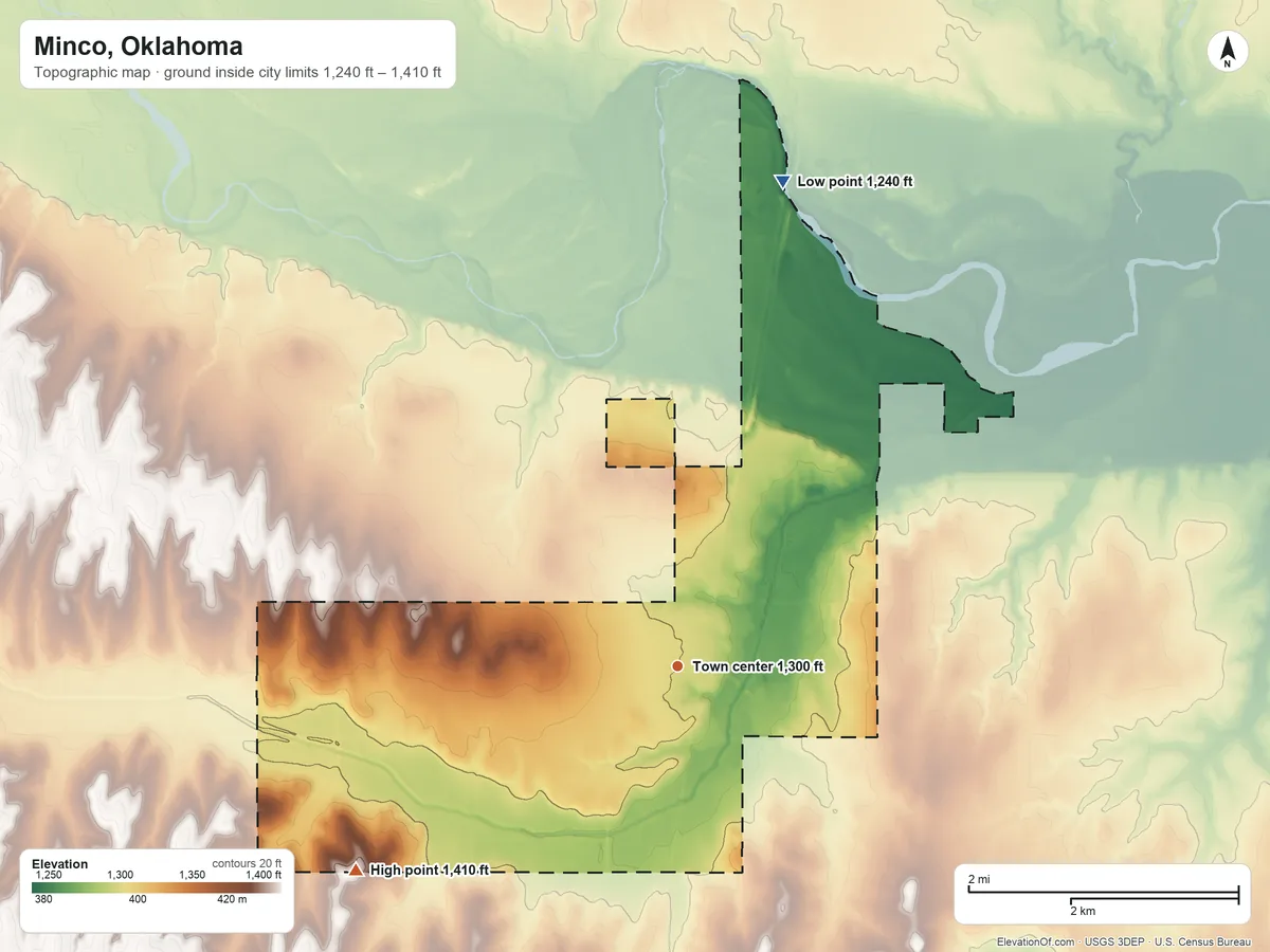 Topographic elevation map of Minco, Oklahoma, shaded from 1,240 ft on the north side to 1,410 ft on the southwest side